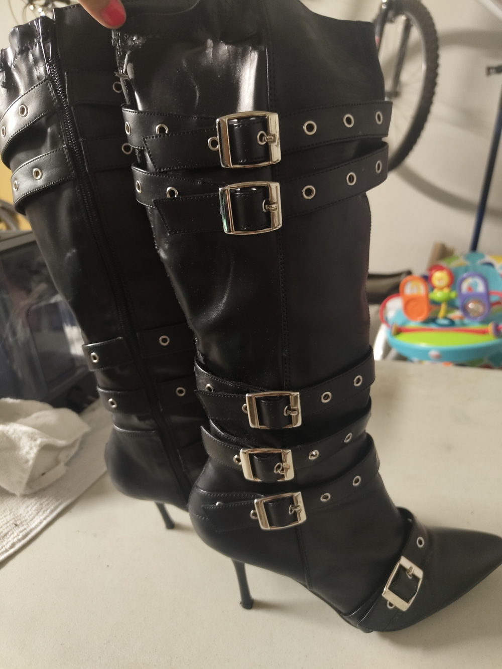 Black Buckle-Accent Stiletto Knee-High Boots - Women